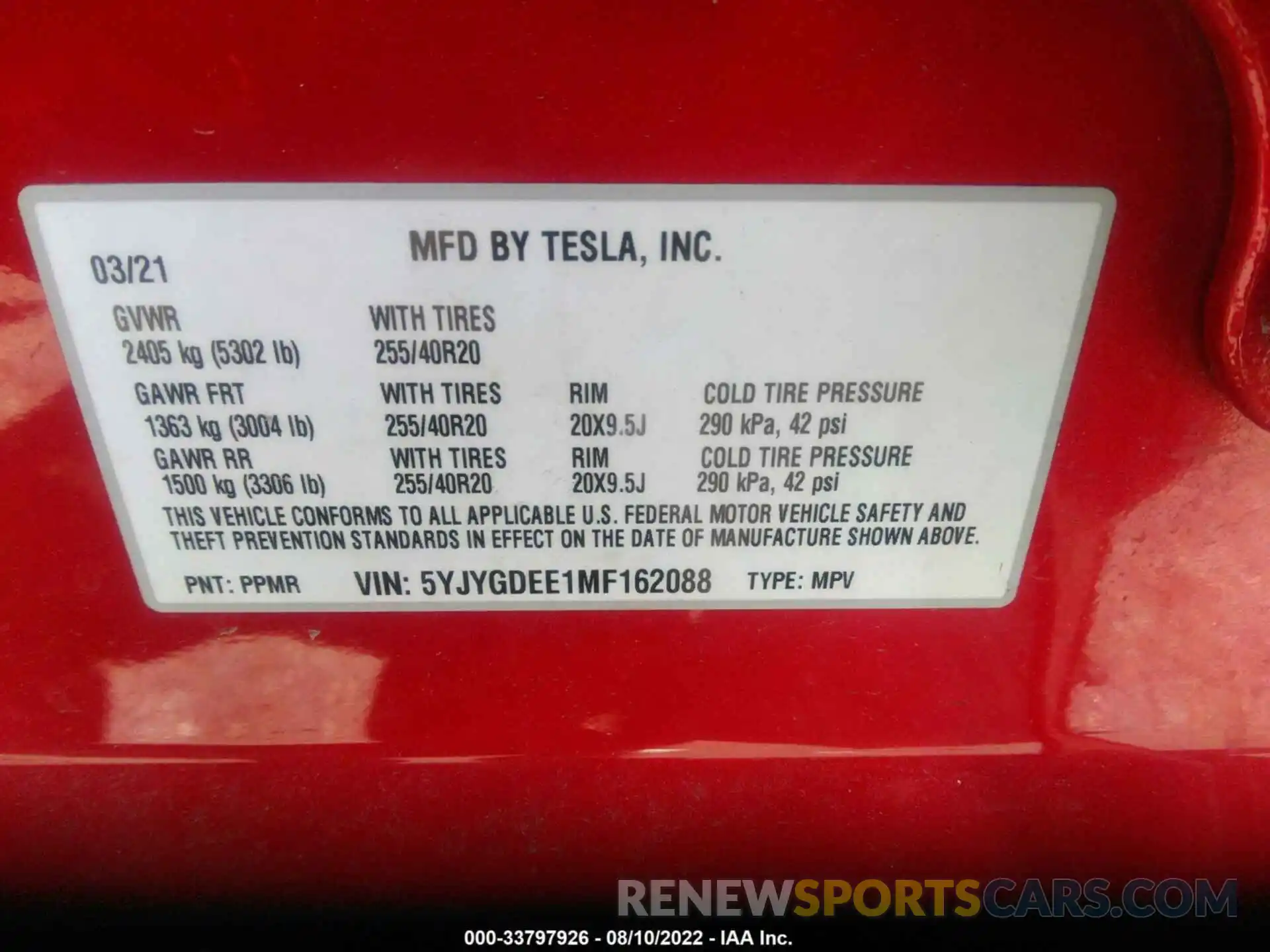 9 Фотография поврежденного автомобиля 5YJYGDEE1MF162088 TESLA MODEL Y 2021