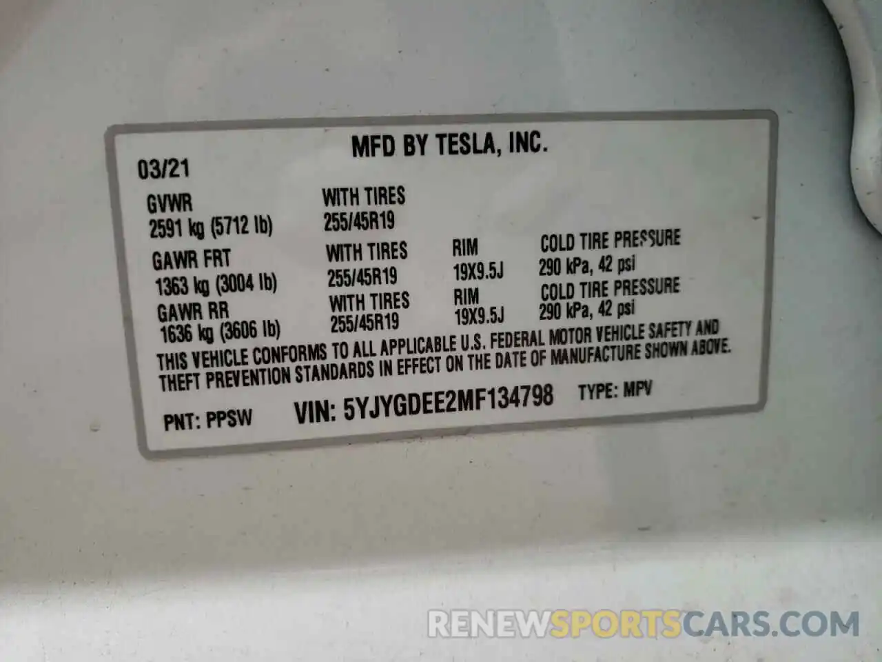 10 Photograph of a damaged car 5YJYGDEE2MF134798 TESLA MODEL Y 2021