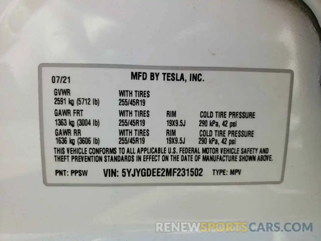 10 Photograph of a damaged car 5YJYGDEE2MF231502 TESLA MODEL Y 2021