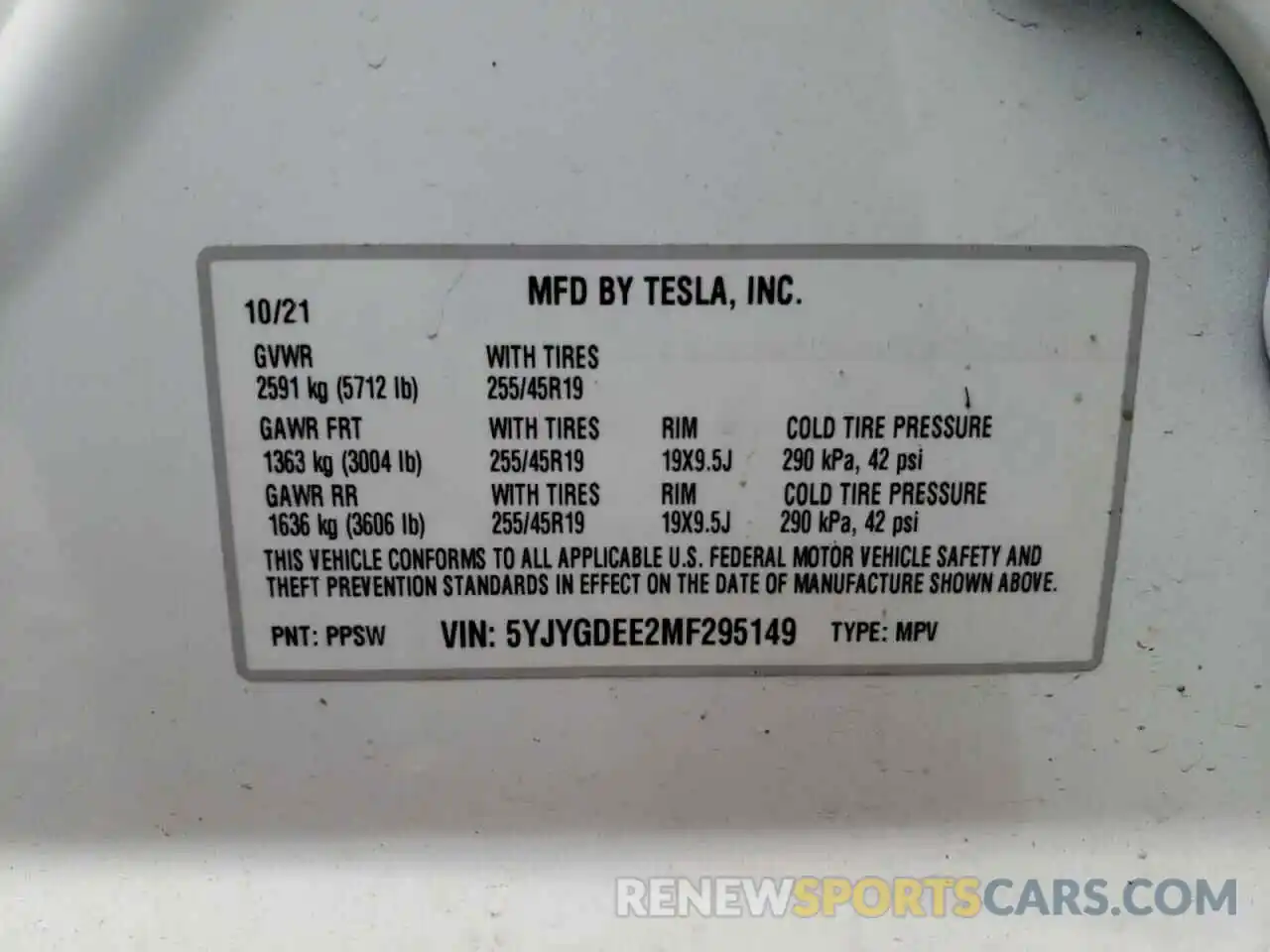 10 Photograph of a damaged car 5YJYGDEE2MF295149 TESLA MODEL Y 2021