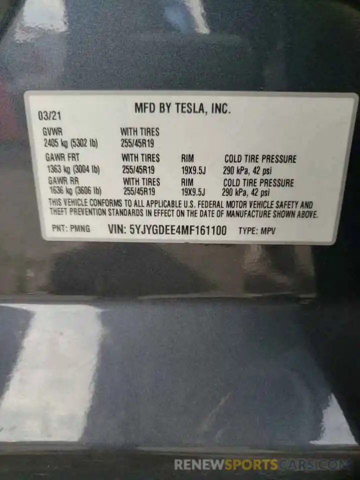 10 Photograph of a damaged car 5YJYGDEE4MF161100 TESLA MODEL Y 2021