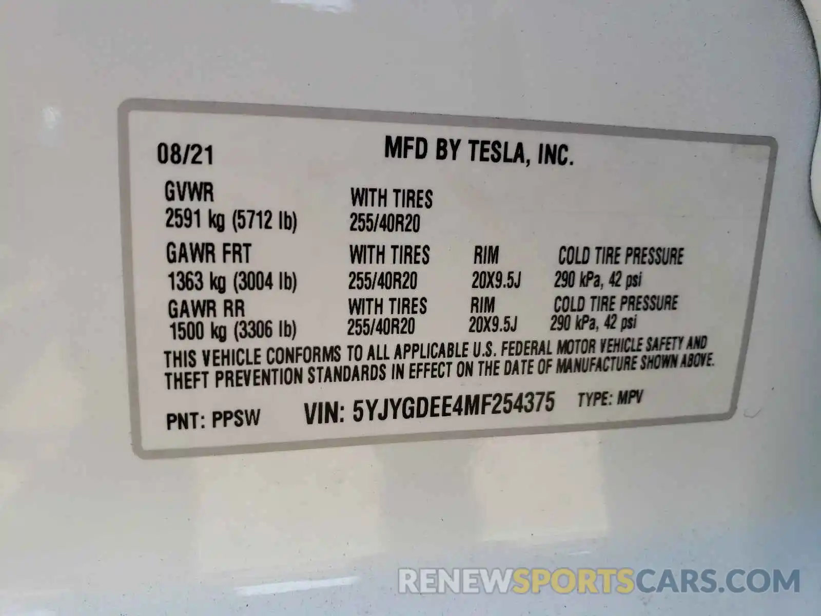 10 Photograph of a damaged car 5YJYGDEE4MF254375 TESLA MODEL Y 2021