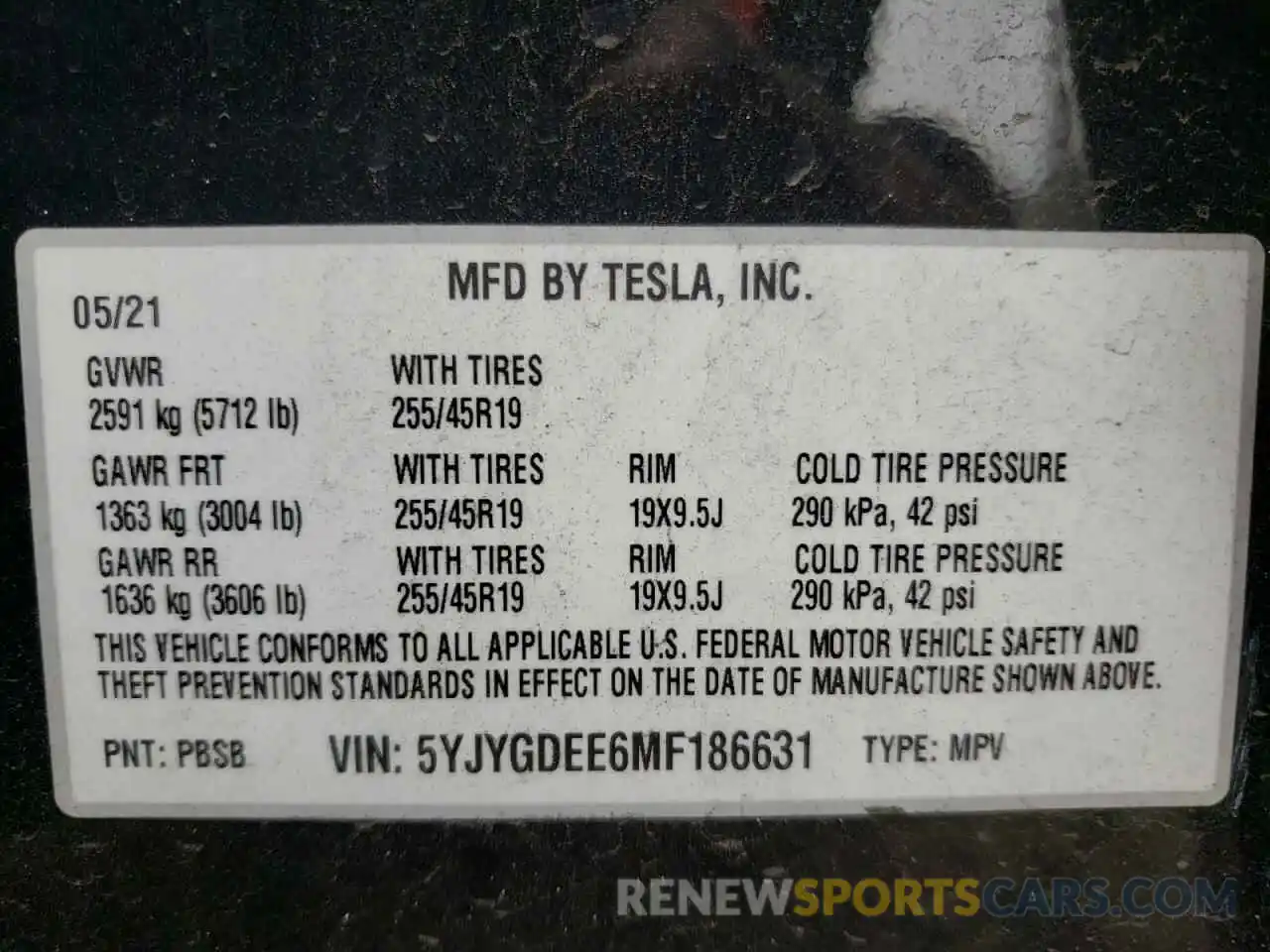 10 Фотография поврежденного автомобиля 5YJYGDEE6MF186631 TESLA MODEL Y 2021