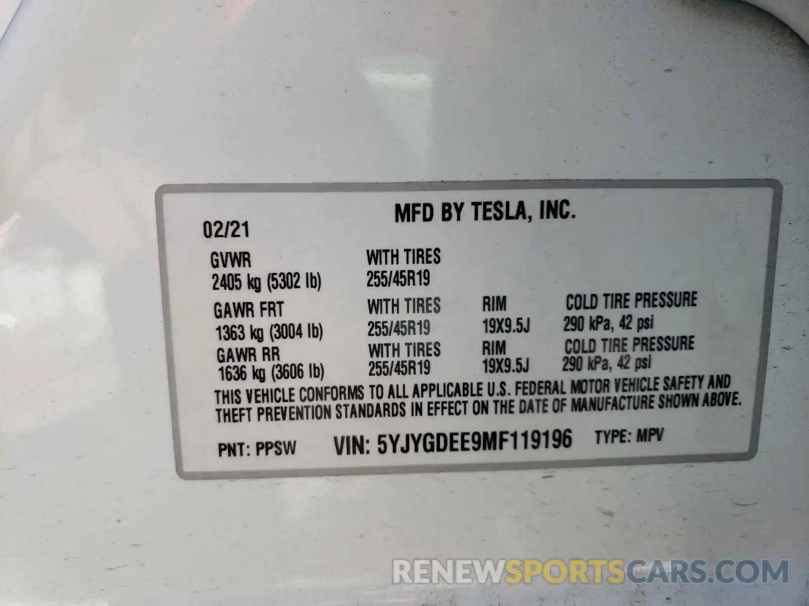 10 Photograph of a damaged car 5YJYGDEE9MF119196 TESLA MODEL Y 2021