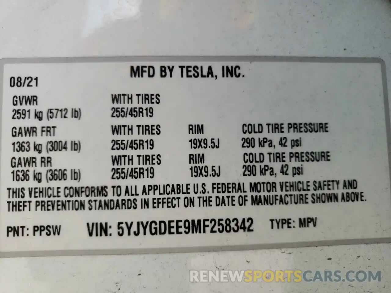 10 Photograph of a damaged car 5YJYGDEE9MF258342 TESLA MODEL Y 2021