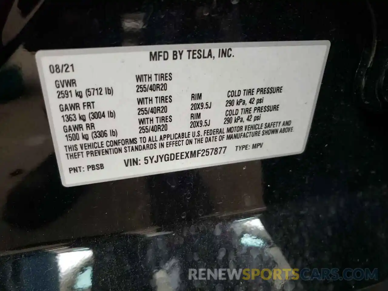 10 Фотография поврежденного автомобиля 5YJYGDEEXMF257877 TESLA MODEL Y 2021