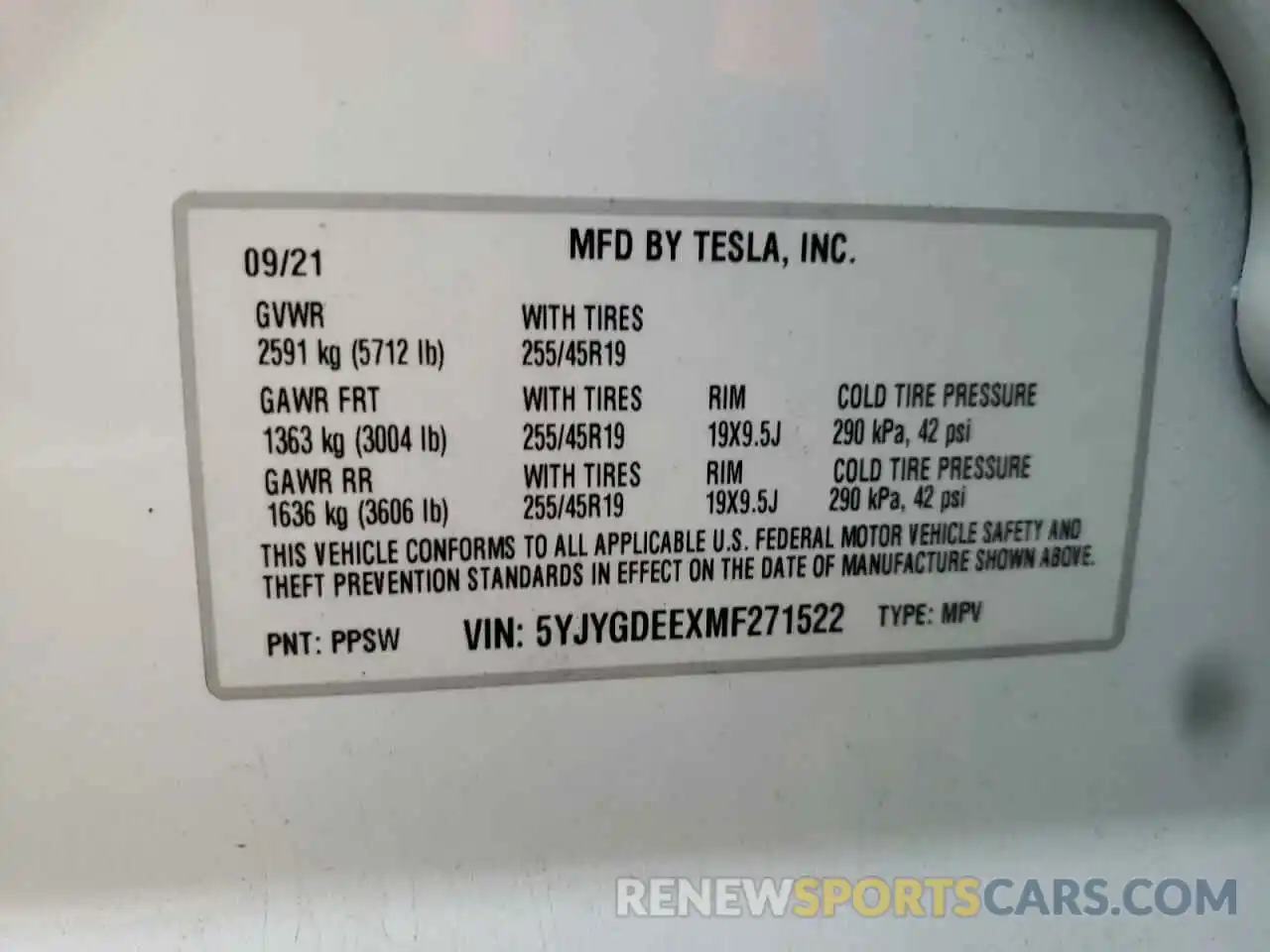 10 Фотография поврежденного автомобиля 5YJYGDEEXMF271522 TESLA MODEL Y 2021