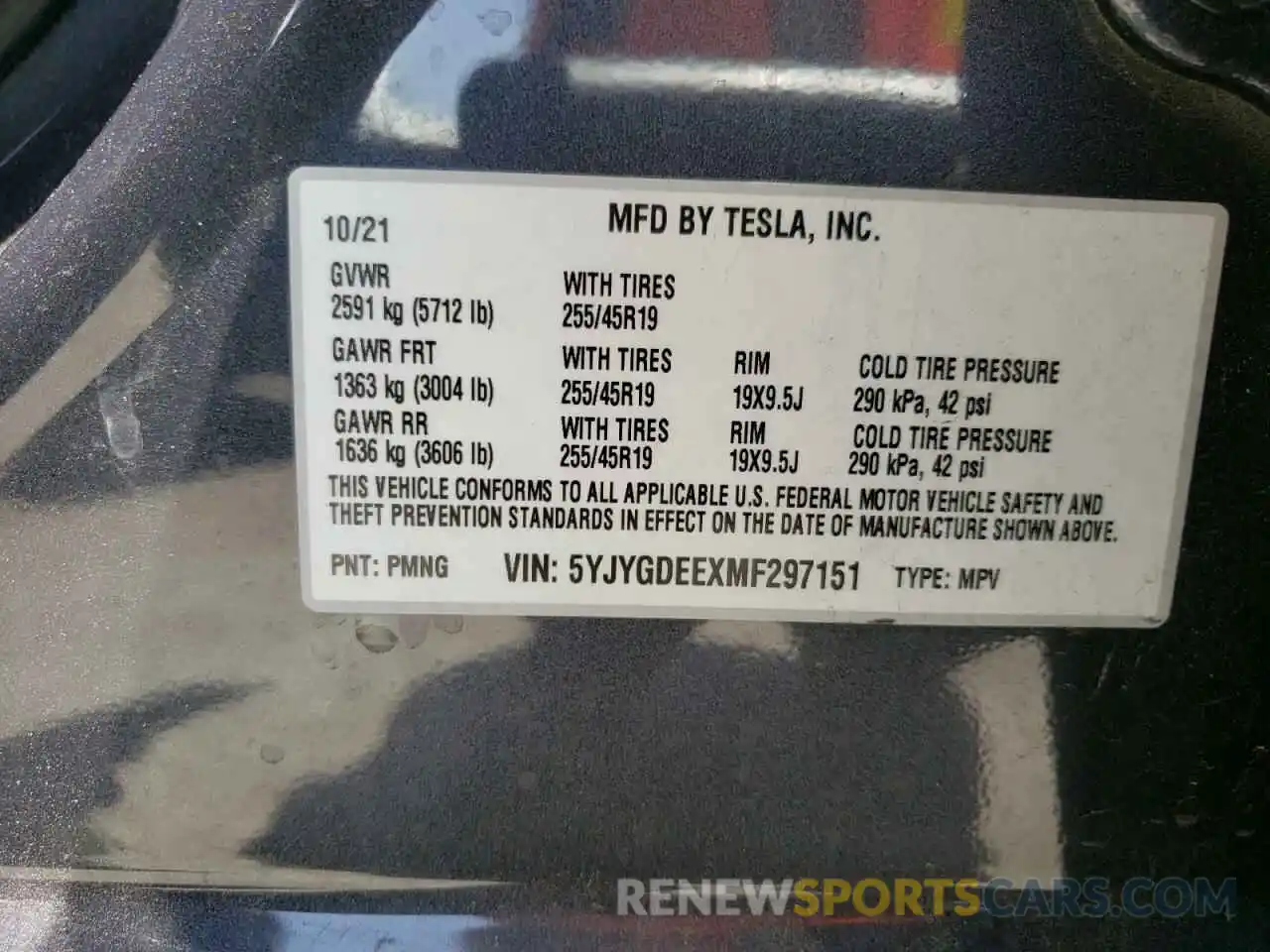 10 Фотография поврежденного автомобиля 5YJYGDEEXMF297151 TESLA MODEL Y 2021