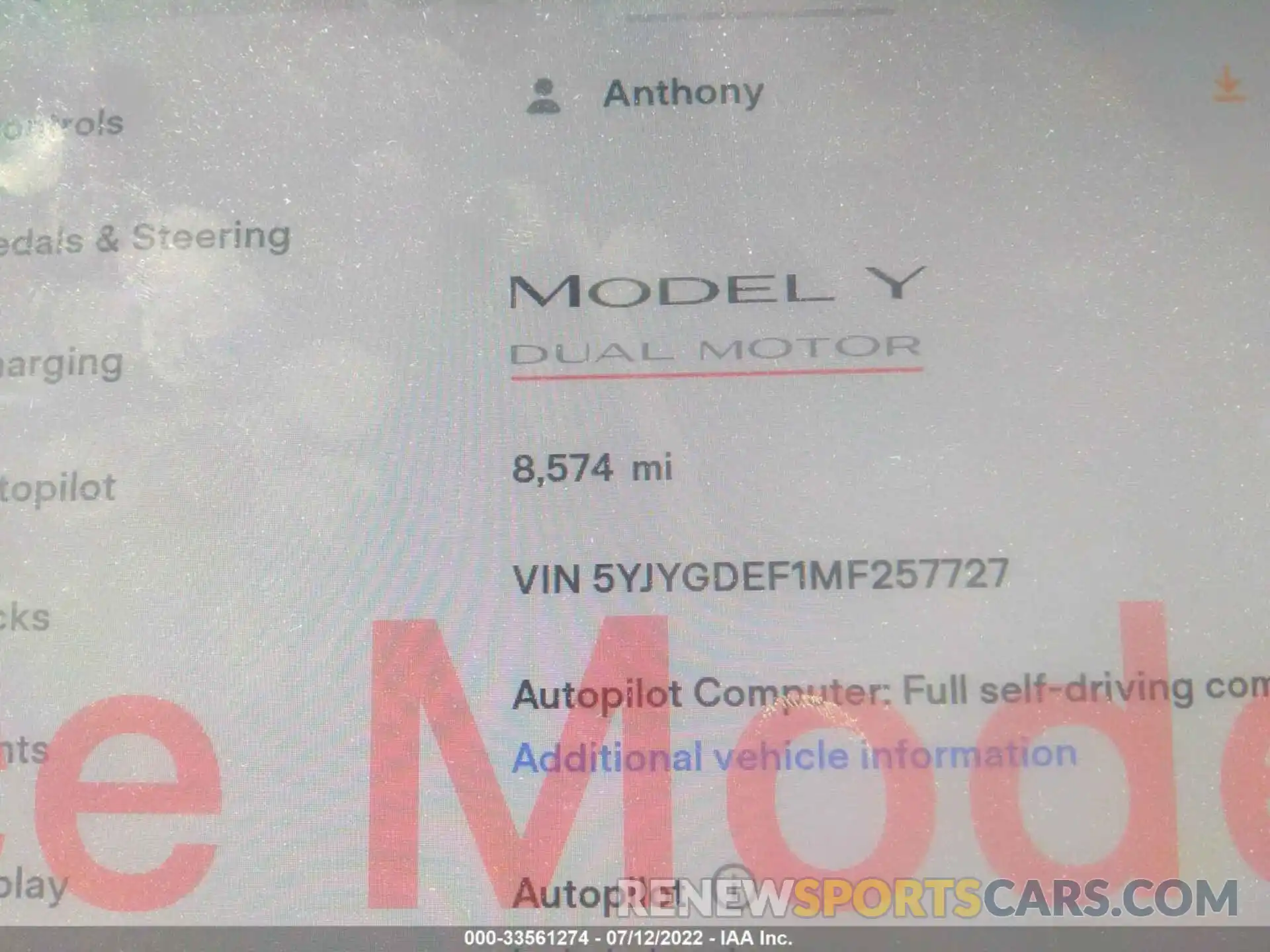 7 Photograph of a damaged car 5YJYGDEF1MF257727 TESLA MODEL Y 2021