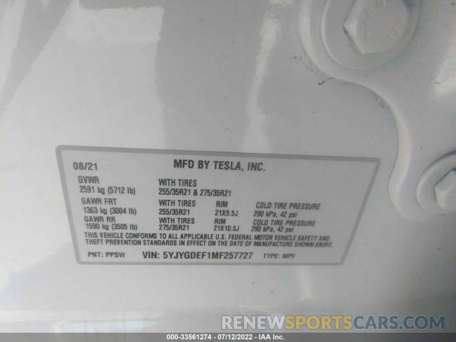 9 Photograph of a damaged car 5YJYGDEF1MF257727 TESLA MODEL Y 2021