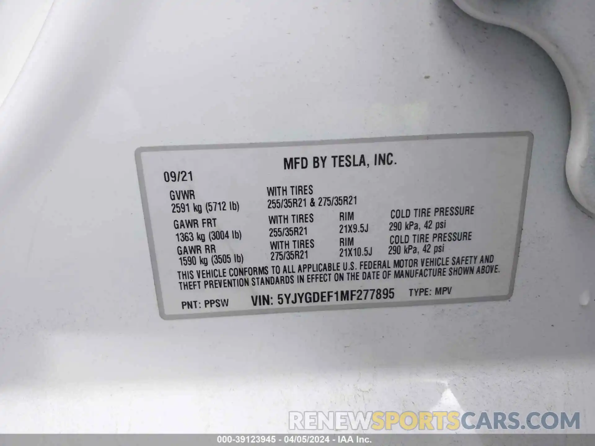 9 Фотография поврежденного автомобиля 5YJYGDEF1MF277895 TESLA MODEL Y 2021