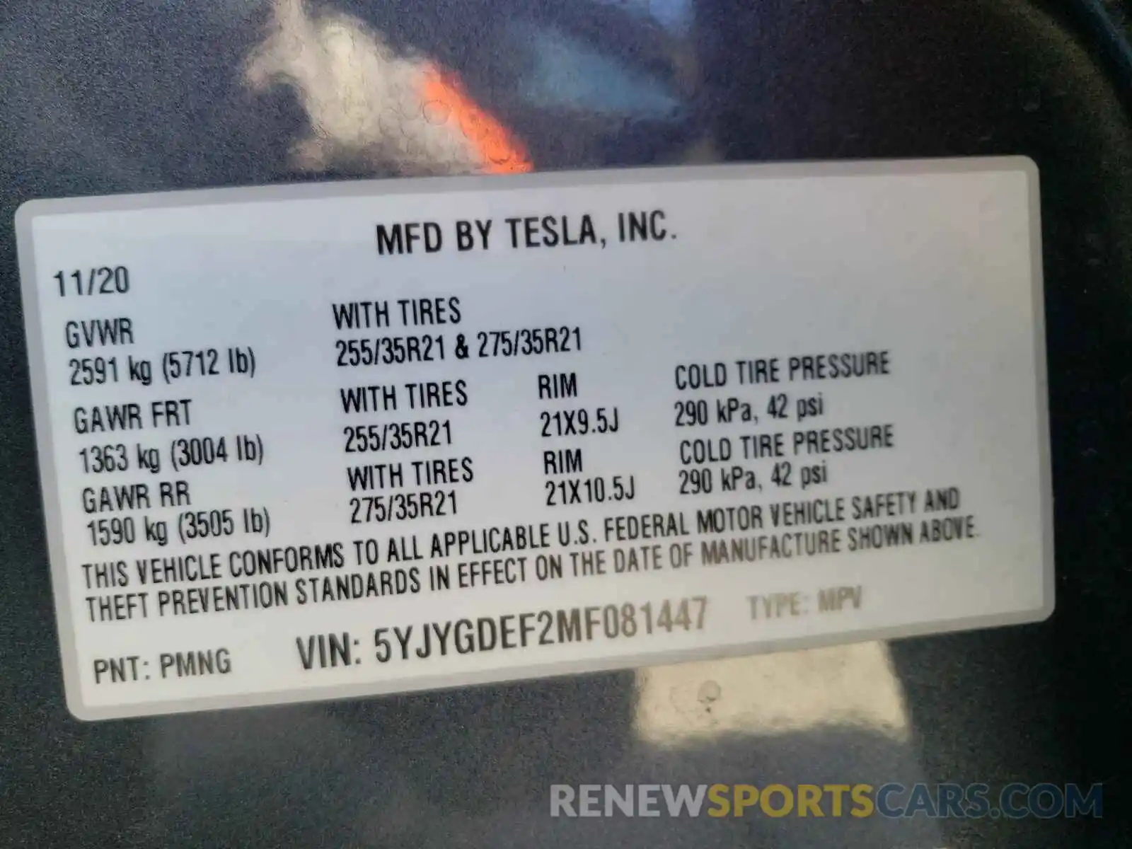 10 Photograph of a damaged car 5YJYGDEF2MF081447 TESLA MODEL Y 2021