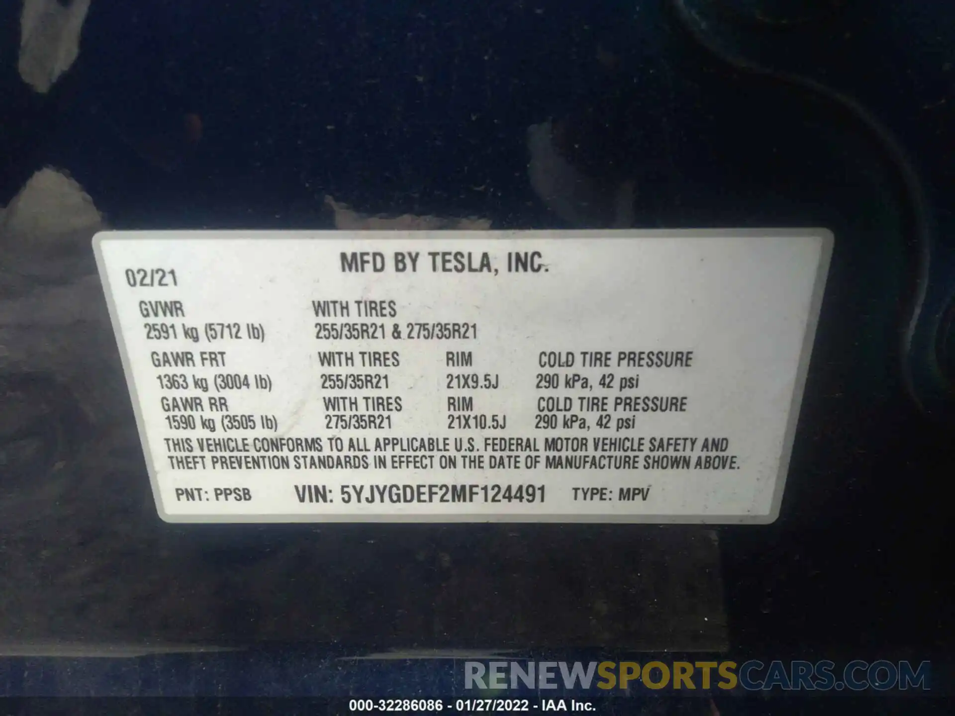 9 Фотография поврежденного автомобиля 5YJYGDEF2MF124491 TESLA MODEL Y 2021