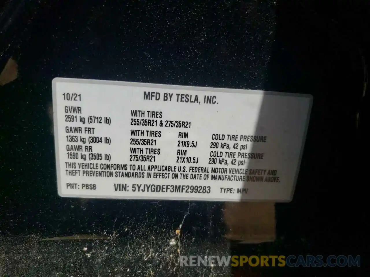 10 Photograph of a damaged car 5YJYGDEF3MF299283 TESLA MODEL Y 2021