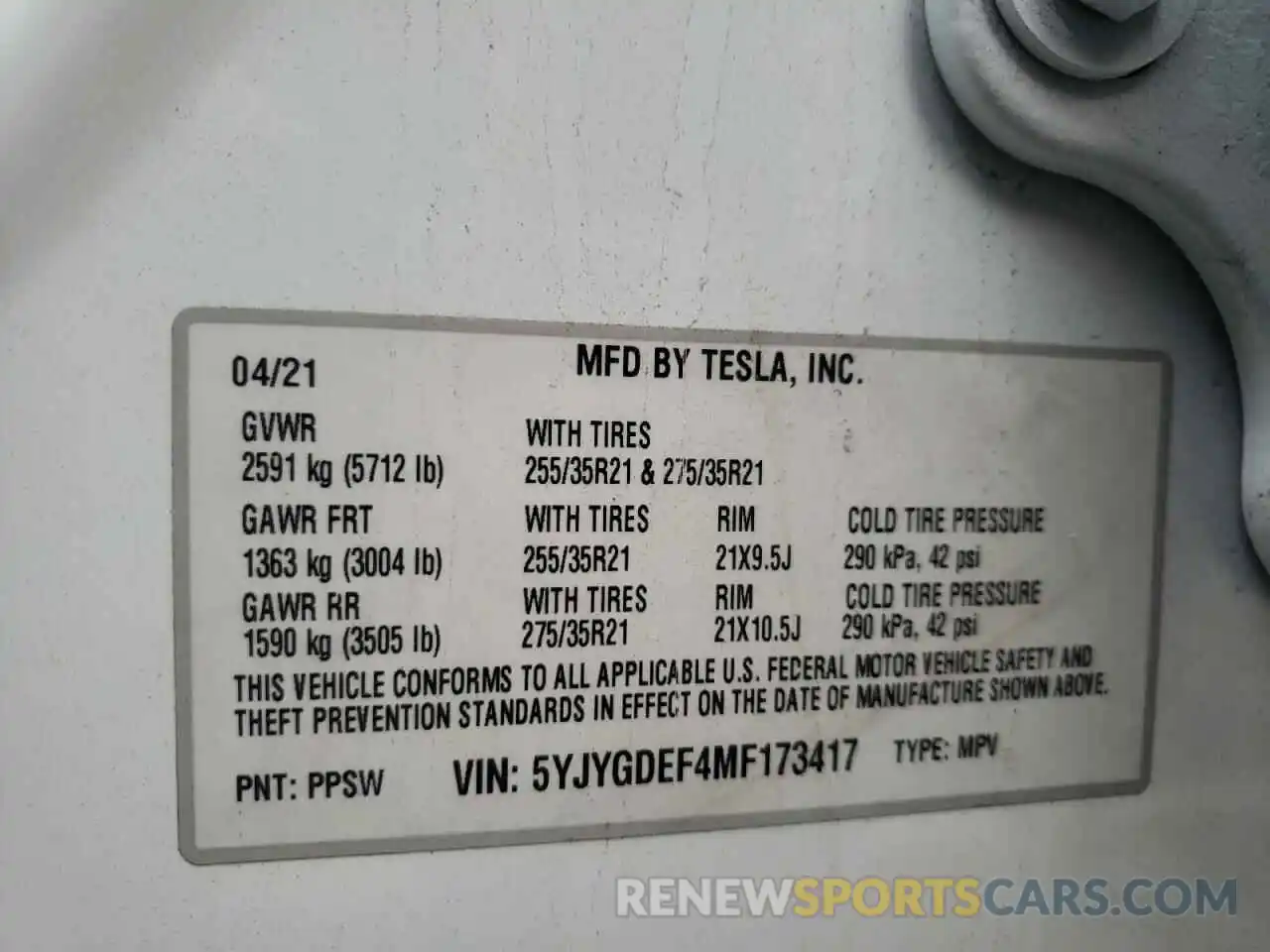 10 Фотография поврежденного автомобиля 5YJYGDEF4MF173417 TESLA MODEL Y 2021