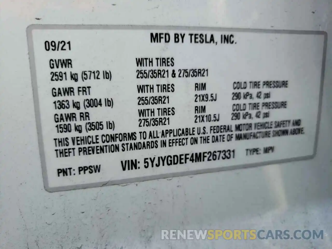 10 Photograph of a damaged car 5YJYGDEF4MF267331 TESLA MODEL Y 2021