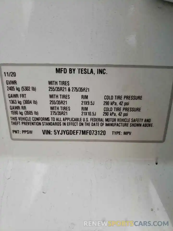 10 Фотография поврежденного автомобиля 5YJYGDEF7MF073120 TESLA MODEL Y 2021