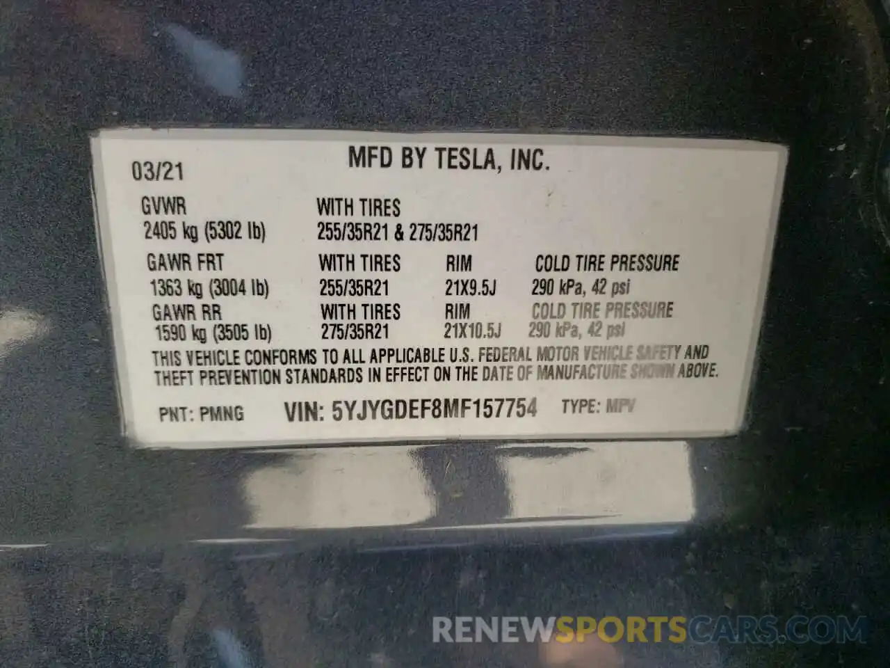 10 Photograph of a damaged car 5YJYGDEF8MF157754 TESLA MODEL Y 2021