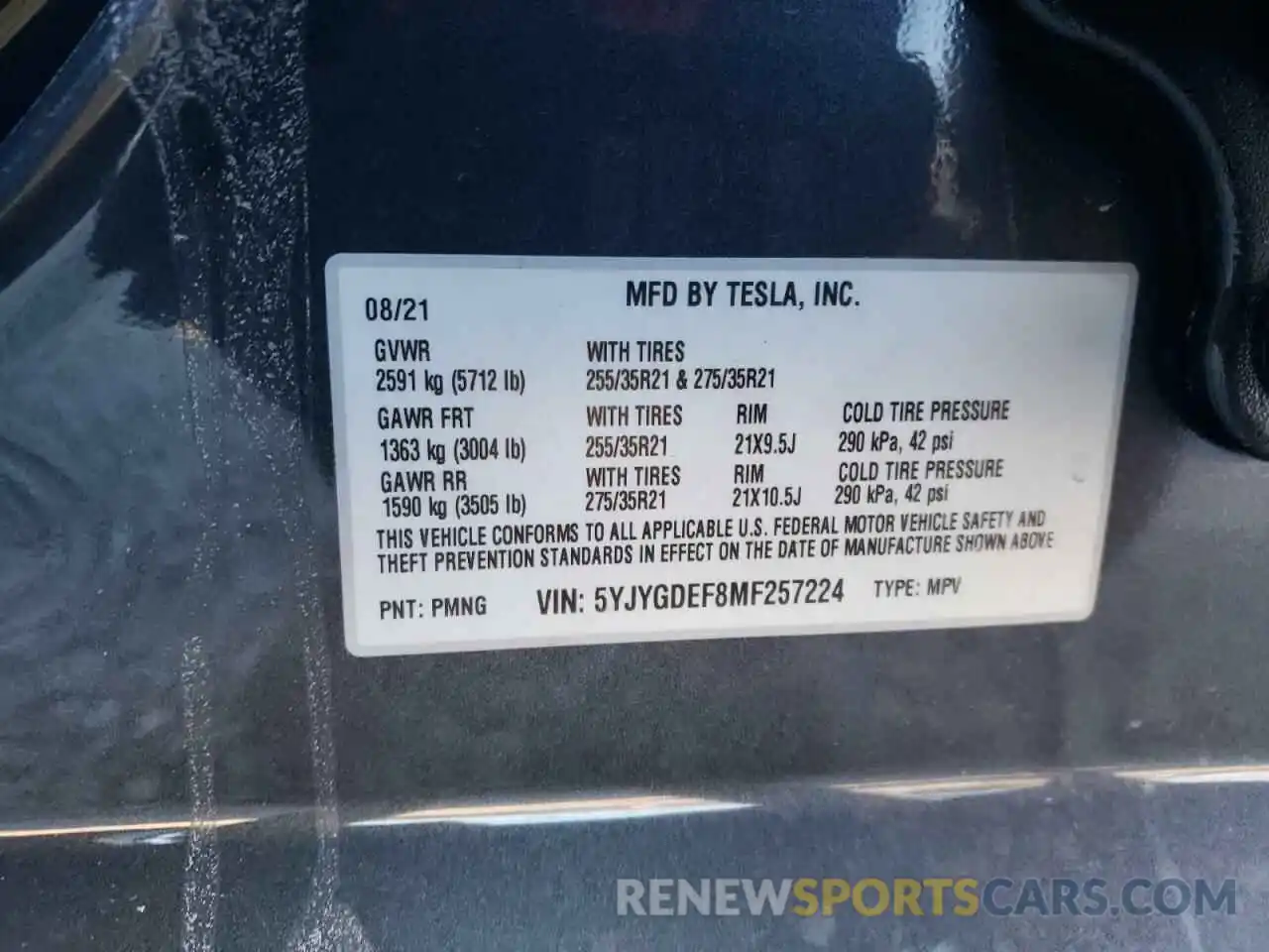 10 Photograph of a damaged car 5YJYGDEF8MF257224 TESLA MODEL Y 2021