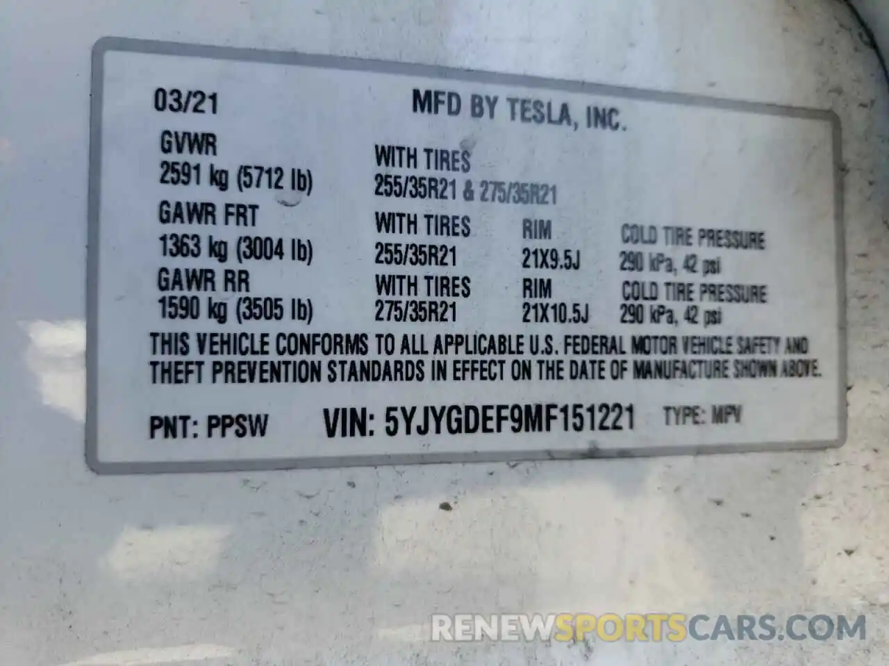 10 Photograph of a damaged car 5YJYGDEF9MF151221 TESLA MODEL Y 2021