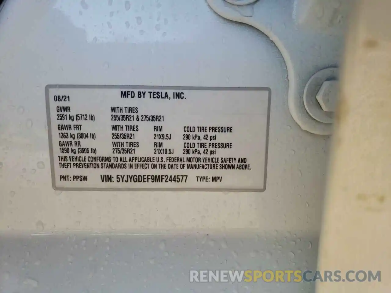 10 Photograph of a damaged car 5YJYGDEF9MF244577 TESLA MODEL Y 2021