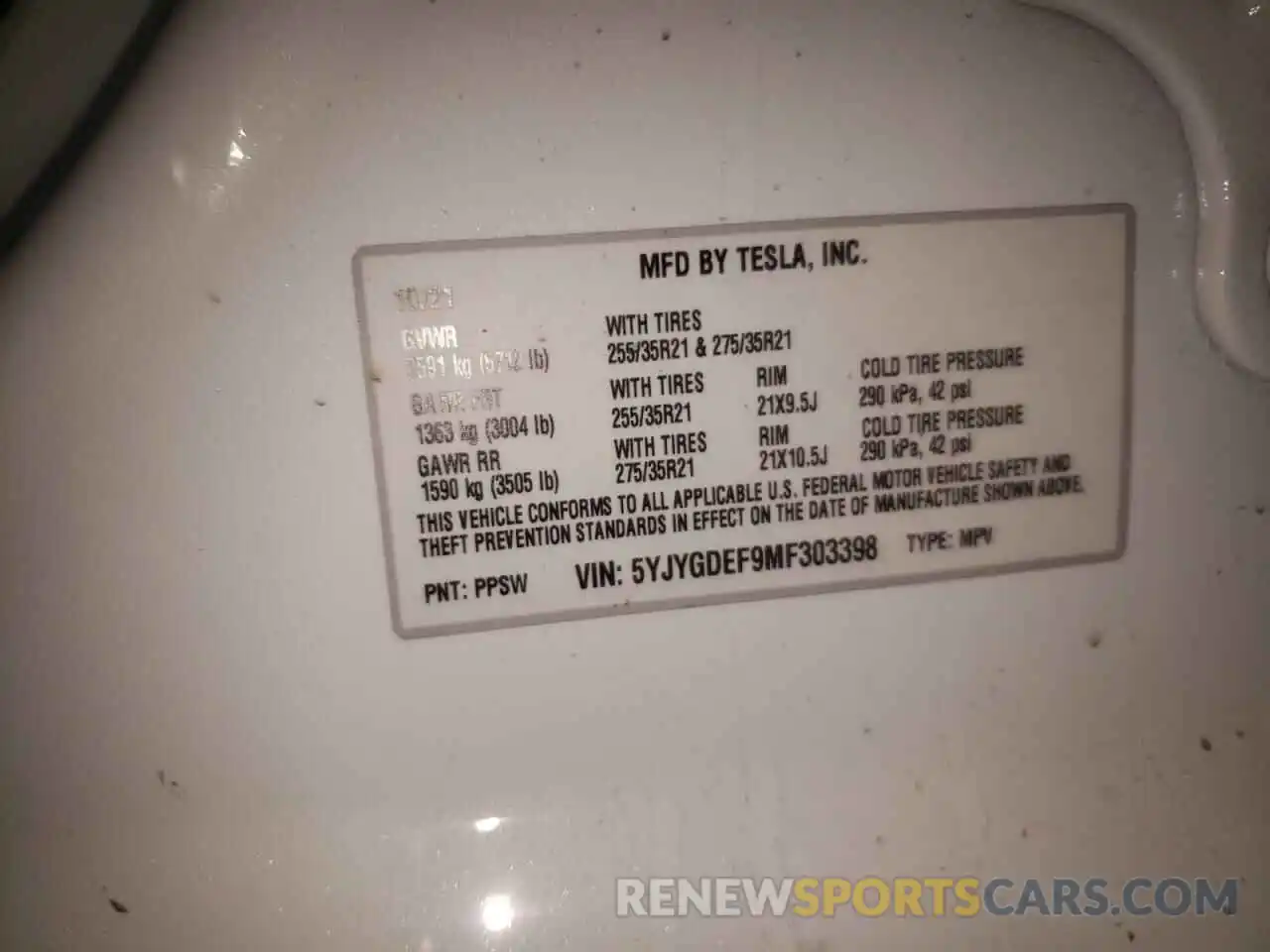 10 Photograph of a damaged car 5YJYGDEF9MF303398 TESLA MODEL Y 2021