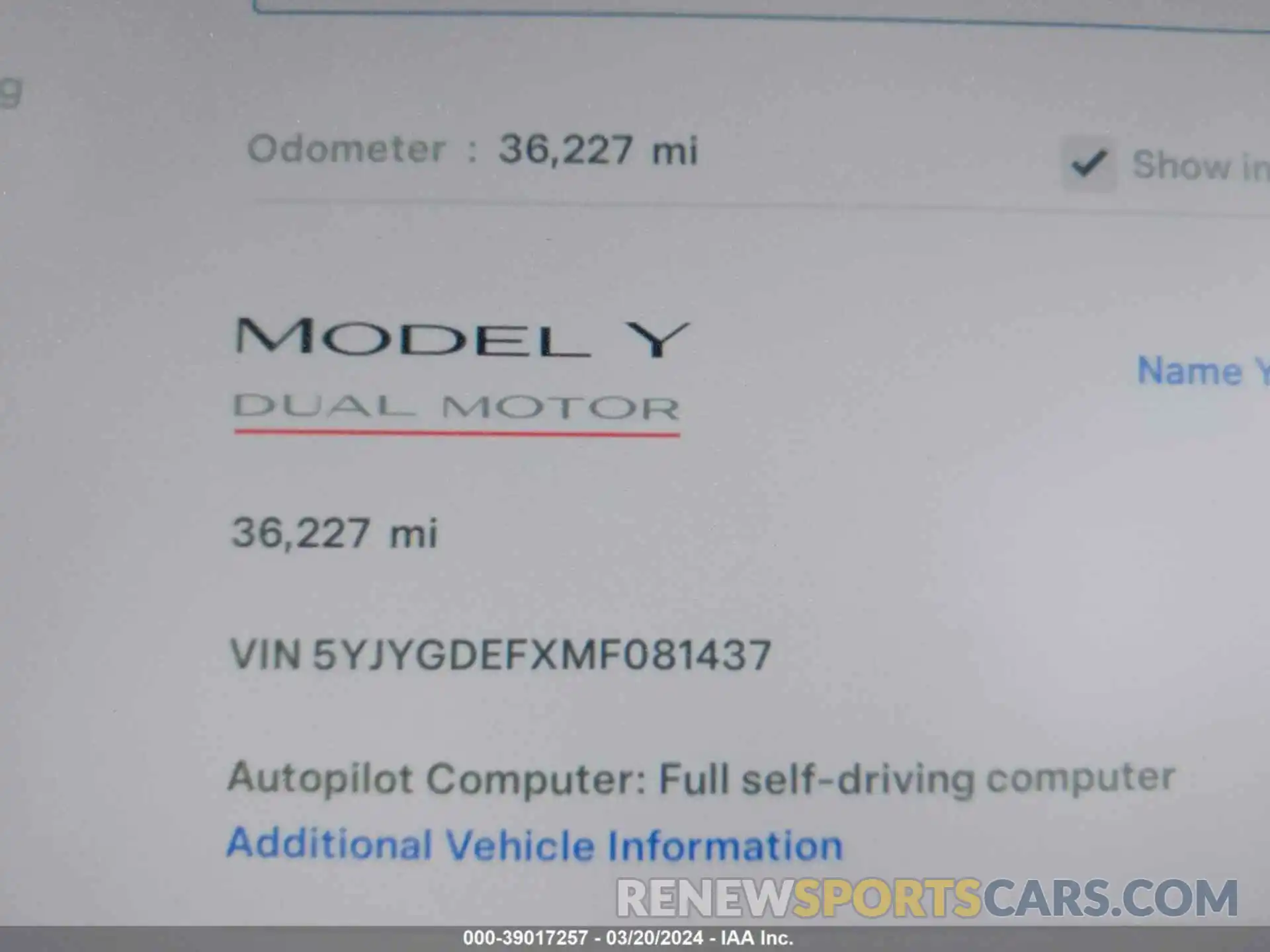 7 Фотография поврежденного автомобиля 5YJYGDEFXMF081437 TESLA MODEL Y 2021