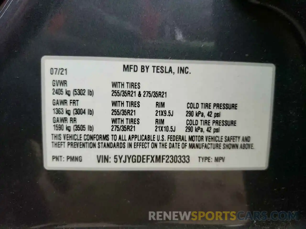 10 Photograph of a damaged car 5YJYGDEFXMF230333 TESLA MODEL Y 2021