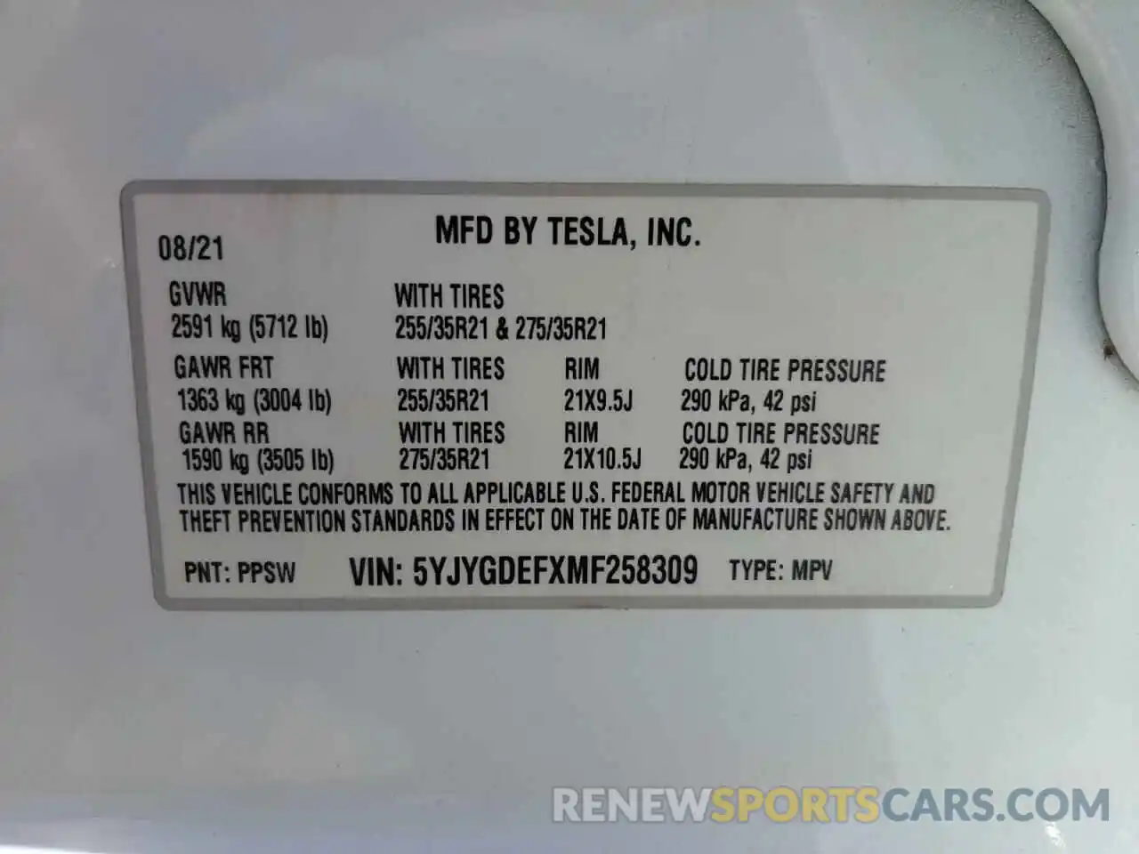 10 Photograph of a damaged car 5YJYGDEFXMF258309 TESLA MODEL Y 2021