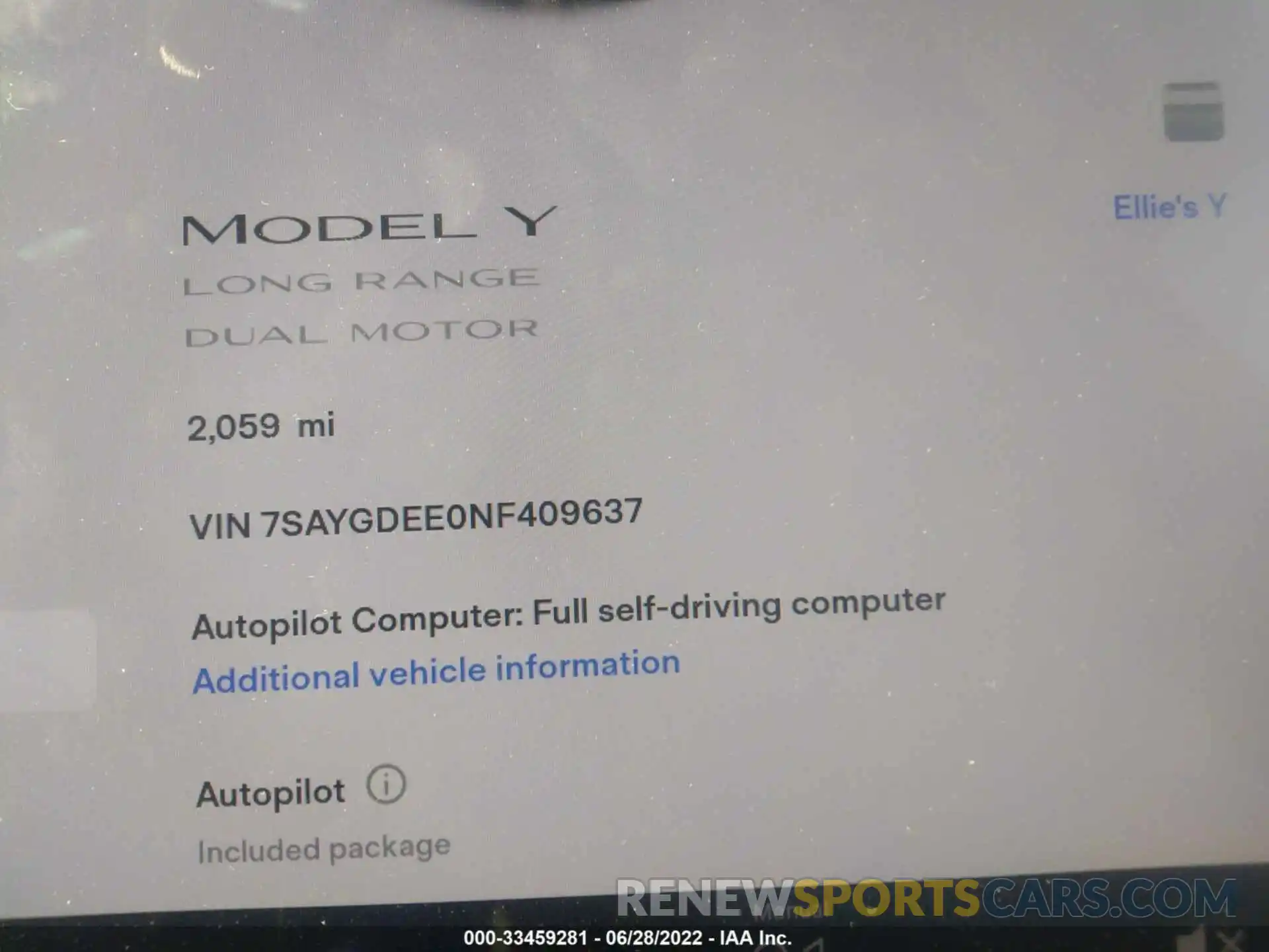 7 Фотография поврежденного автомобиля 7SAYGDEE0NF409637 TESLA MODEL Y 2022