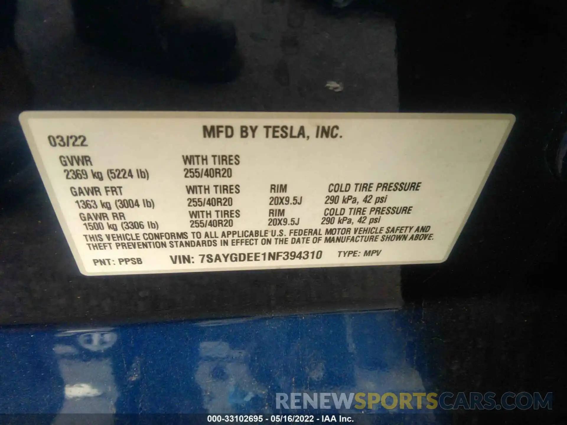 9 Фотография поврежденного автомобиля 7SAYGDEE1NF394310 TESLA MODEL Y 2022