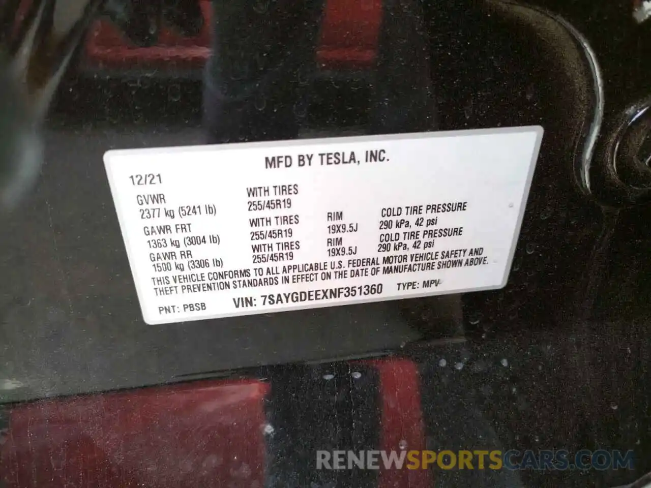 10 Фотография поврежденного автомобиля 7SAYGDEEXNF351360 TESLA MODEL Y 2022