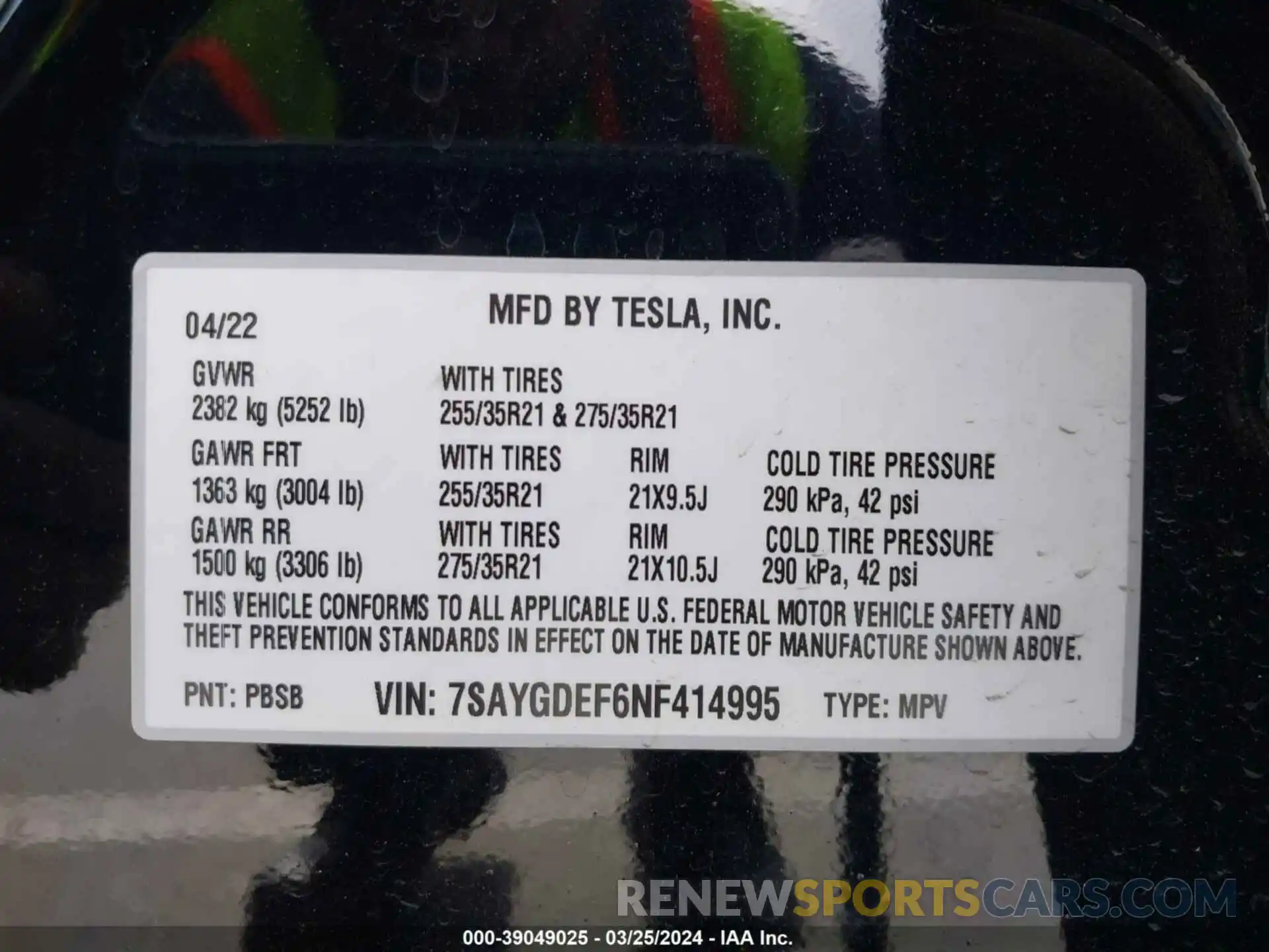 9 Фотография поврежденного автомобиля 7SAYGDEF6NF414995 TESLA MODEL Y 2022