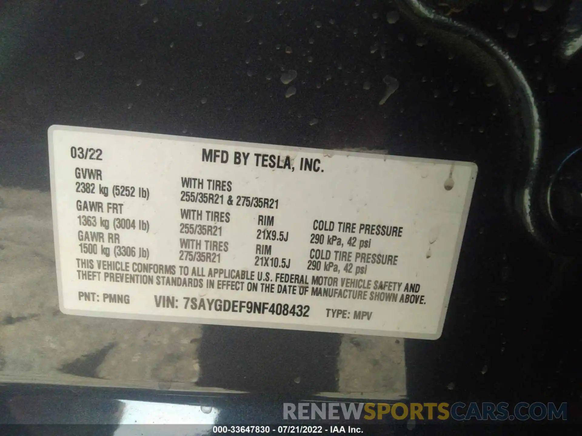 9 Фотография поврежденного автомобиля 7SAYGDEF9NF408432 TESLA MODEL Y 2022