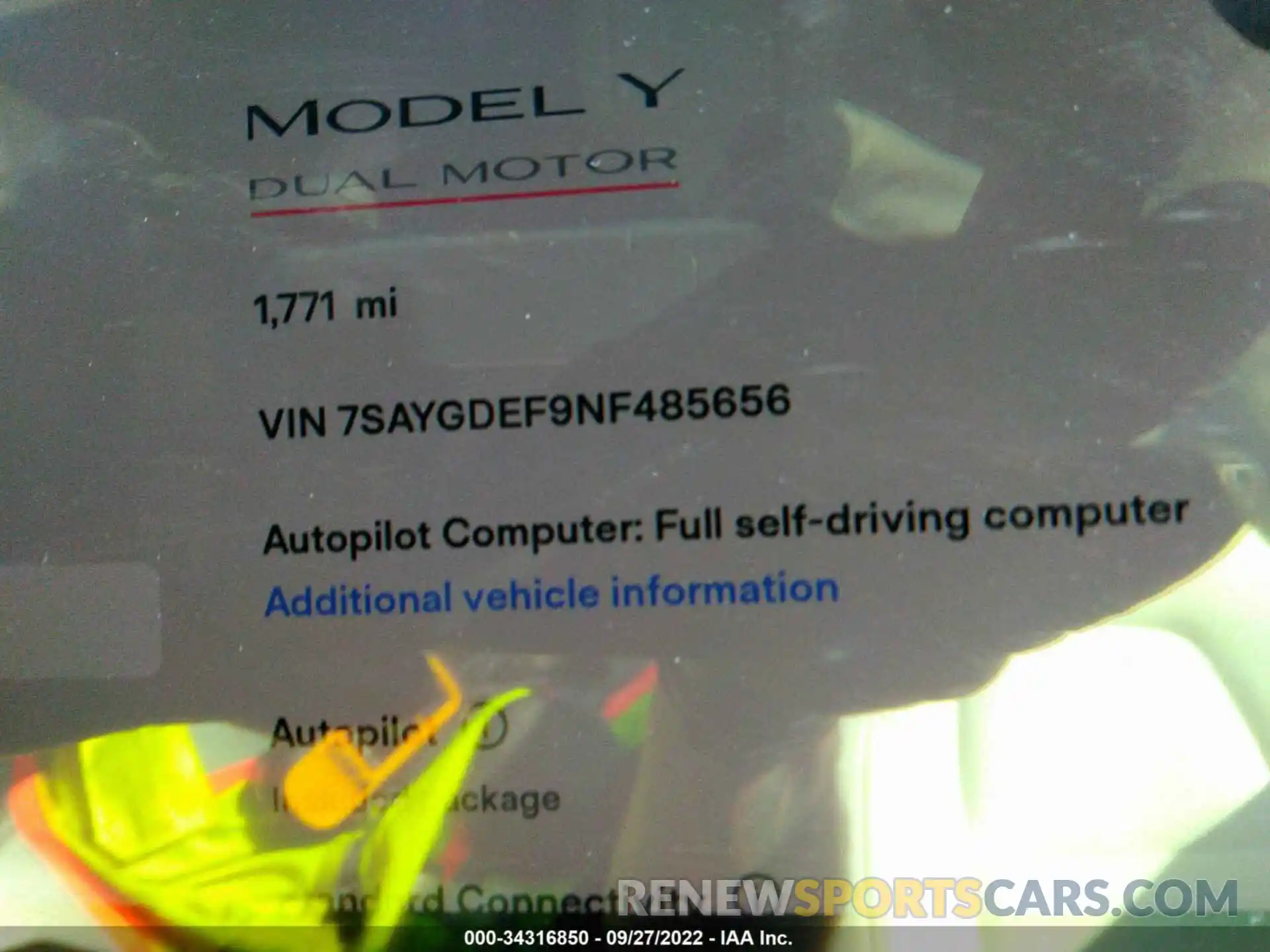 7 Photograph of a damaged car 7SAYGDEF9NF485656 TESLA MODEL Y 2022