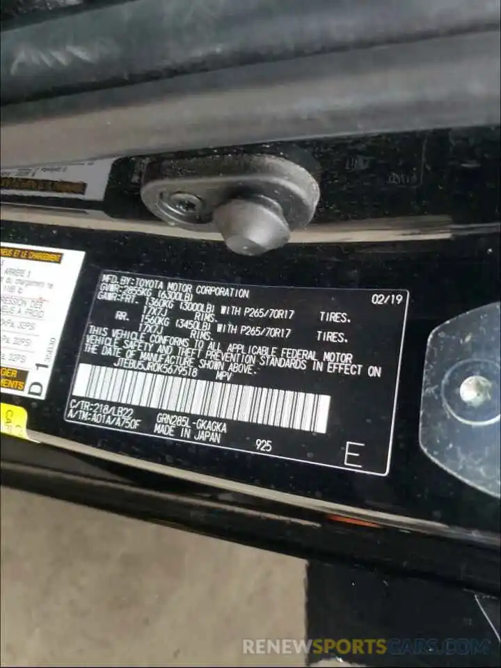 10 Photograph of a damaged car JTEBU5JR0K5679518 TOYOTA 4RUNNER 2019