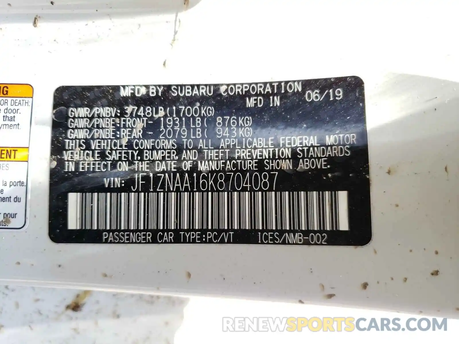 10 Photograph of a damaged car JF1ZNAA16K8704087 TOYOTA 86 2019