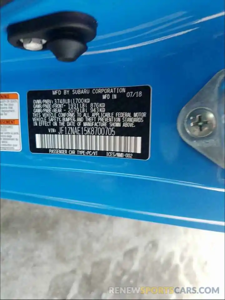 10 Photograph of a damaged car JF1ZNAE15K8700705 TOYOTA 86 GT 2019