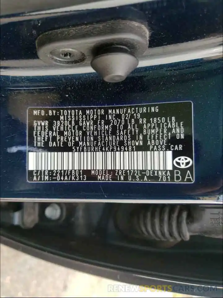 10 Photograph of a damaged car 5YFBURHE4KP949481 TOYOTA ALL OTHER 2019