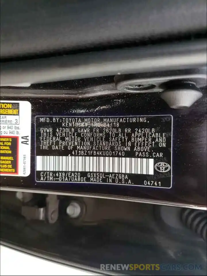 10 Photograph of a damaged car 4T1BZ1FB4KU001740 TOYOTA AVALON 2019