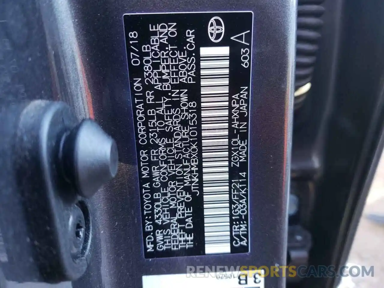 10 Photograph of a damaged car JTNKHMBX0K1015318 TOYOTA C-HR 2019