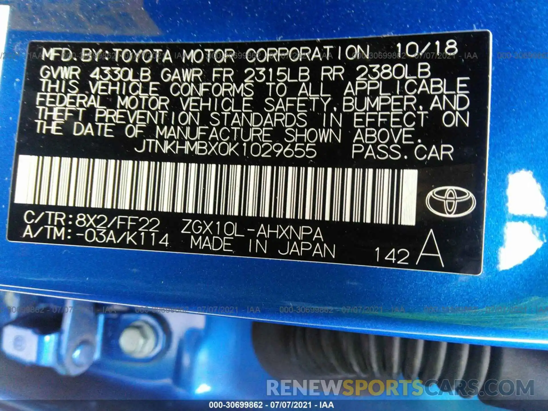 9 Photograph of a damaged car JTNKHMBX0K1029655 TOYOTA C-HR 2019