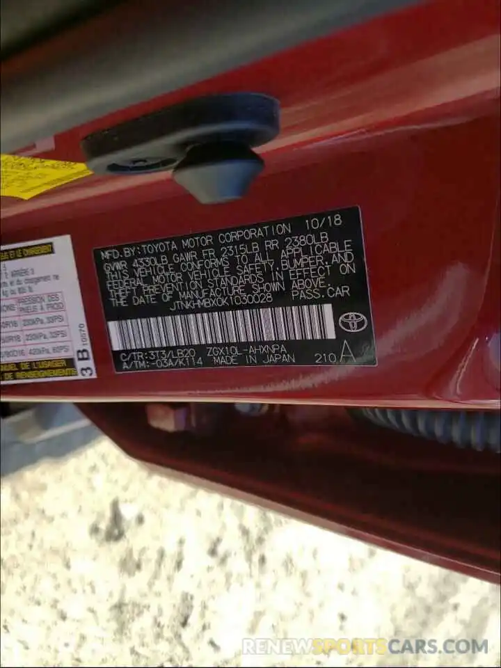 10 Photograph of a damaged car JTNKHMBX0K1030028 TOYOTA C-HR 2019