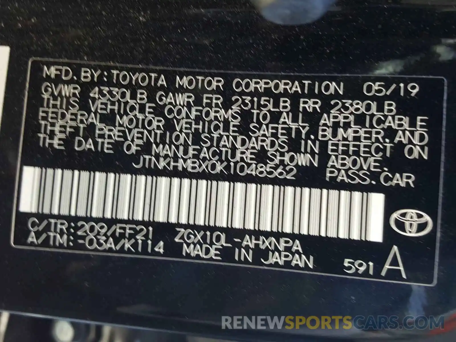 10 Photograph of a damaged car JTNKHMBX0K1048562 TOYOTA C-HR 2019