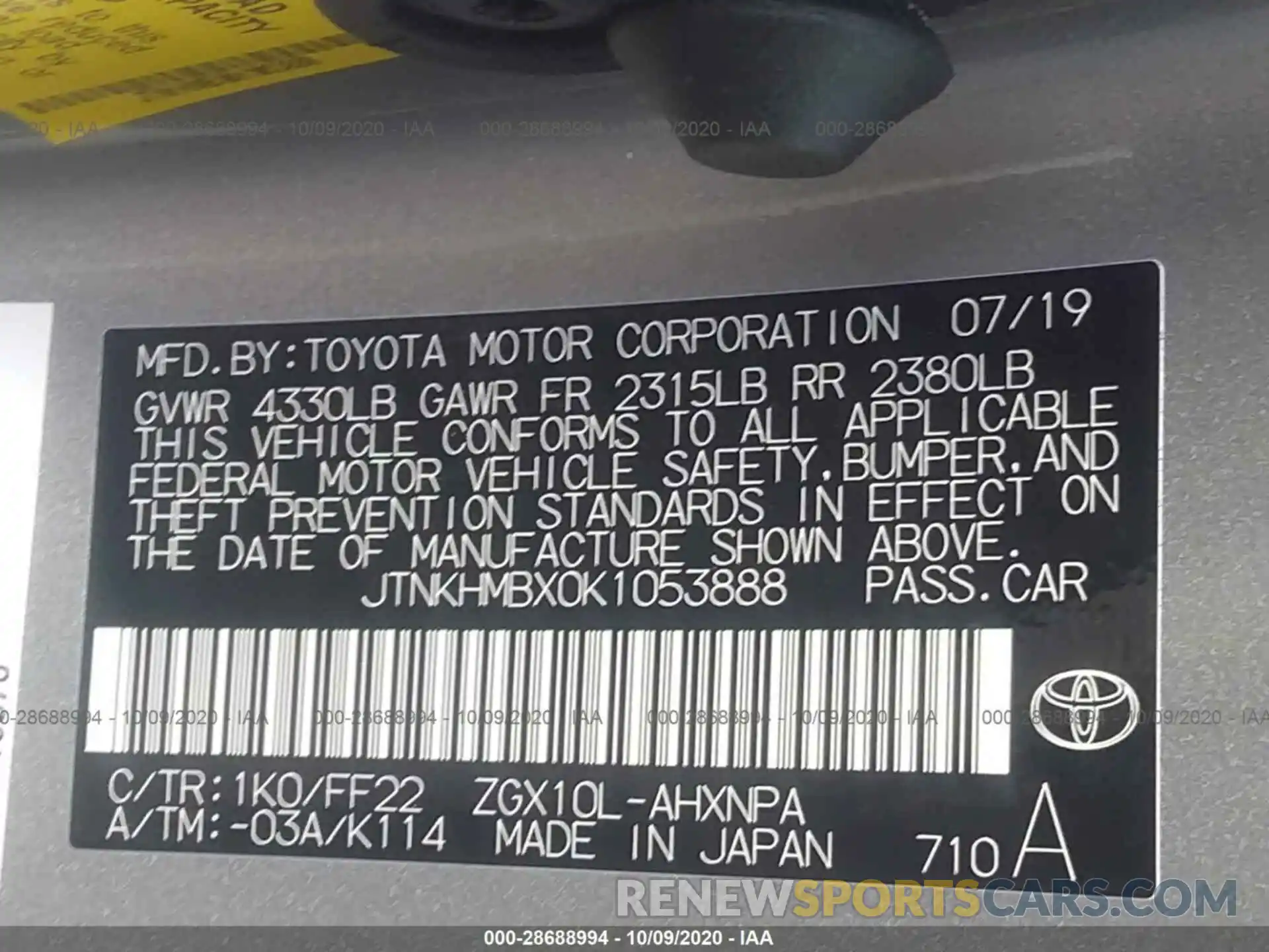 9 Photograph of a damaged car JTNKHMBX0K1053888 TOYOTA C-HR 2019