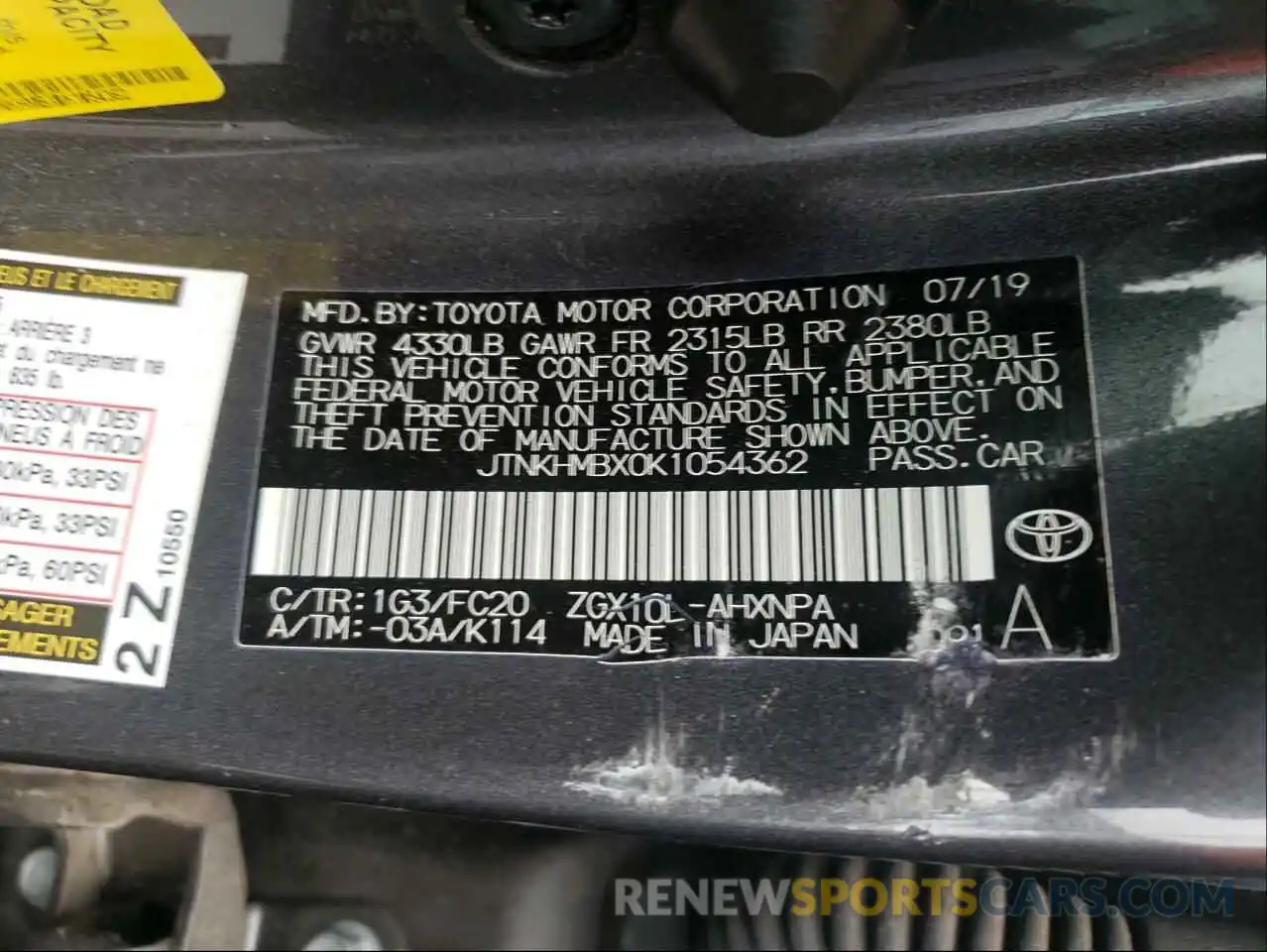 10 Photograph of a damaged car JTNKHMBX0K1054362 TOYOTA C-HR 2019