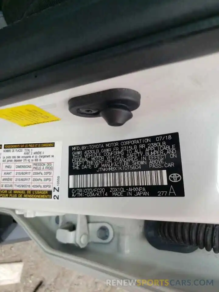 10 Photograph of a damaged car JTNKHMBX1K1015604 TOYOTA C-HR 2019