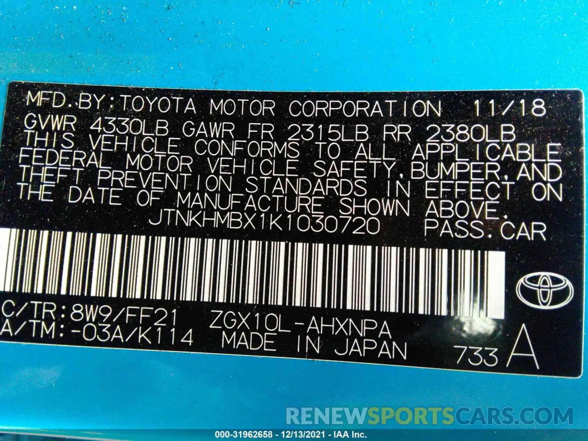 9 Photograph of a damaged car JTNKHMBX1K1030720 TOYOTA C-HR 2019