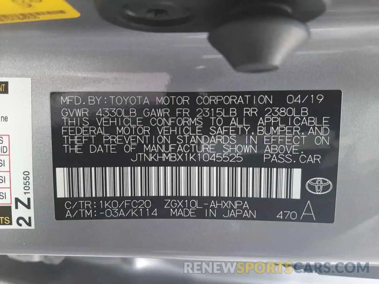 10 Photograph of a damaged car JTNKHMBX1K1045525 TOYOTA C-HR 2019