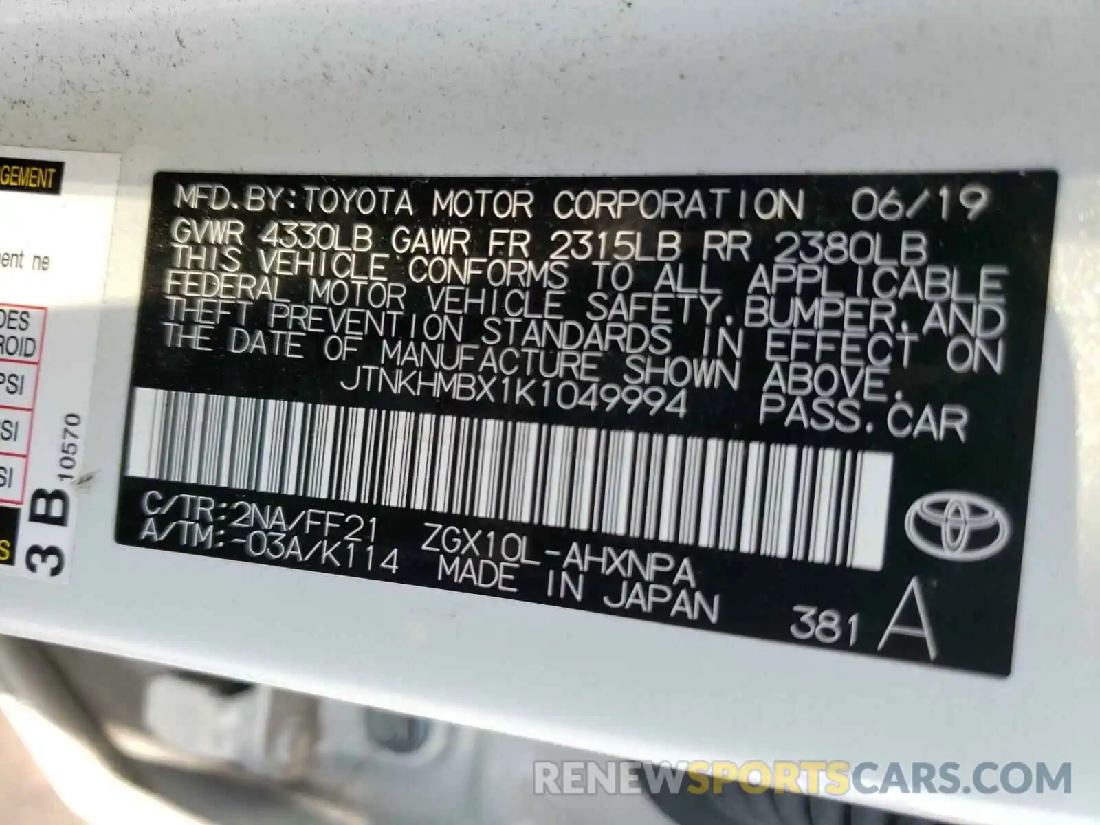 10 Photograph of a damaged car JTNKHMBX1K1049994 TOYOTA C-HR 2019